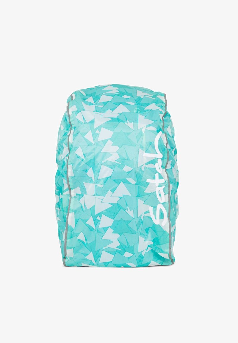 Light blue backpack featuring a geometric triangular pattern in white, made from a soft, lightweight material with gray accents.