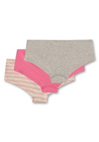 Drei Paar Hipster-Slips: ein einfarbiger pinker, ein gestreifter in Pfirsich und Creme und ein einfarbiger grauer mit gerippter Textur.