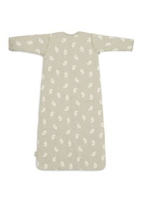 Sac de couchage gris clair avec manches longues, arborant un motif floral en blanc. Tissu doux, encolure arrondie et détail de fermeture à pression sur le côté.