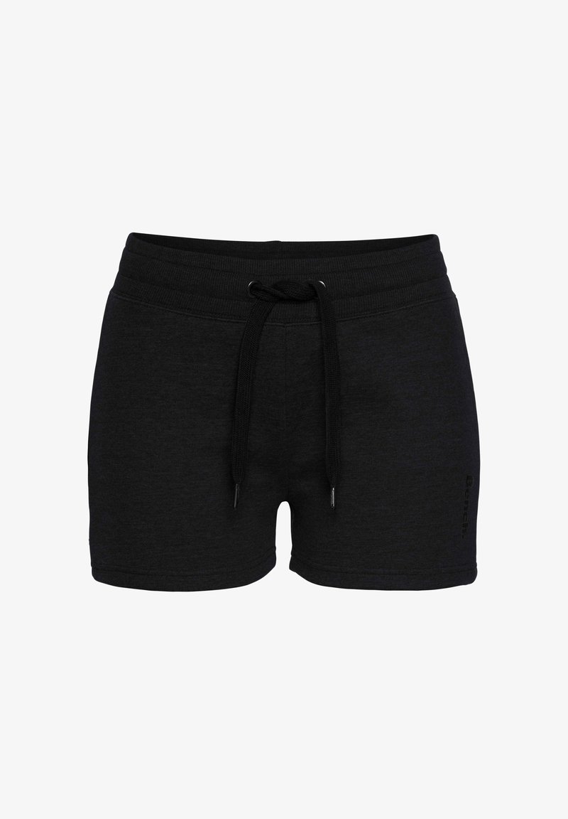 Pantalones cortos de algodón negros con cintura elástica, cierre con cordón y detalle del logo en el lateral. Textura suave y diseño hasta el muslo.