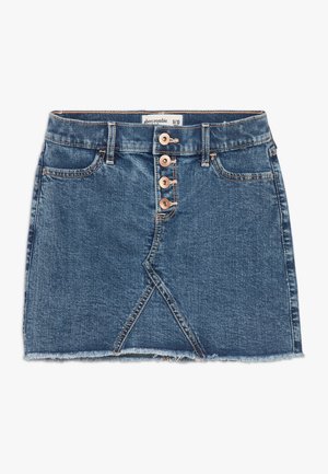 Blå denim mininederdel med fire knapper foran, to forlommer, bæltestropper og rå kantdetaljer.