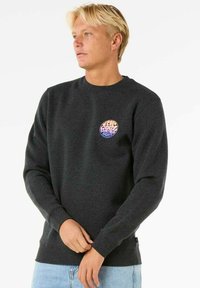 Donkergrijze sweatshirt met ronde hals, geribbelde manchetten en zoom, met een ronde, kleurrijke grafische logo op de linkerborst.