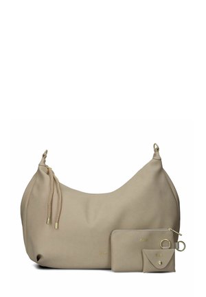 Beige Leder Hobo-Tasche mit einer glatten Textur, geschwungenen Silhouette und goldenen Beschlägen. Enthält eine kleine Tasche und einen Schlüsselanhänger-Wallet.