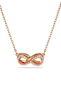 Rose gold halskæde med et uendelighedssymbol vedhæng, prydet med små klare krystaller, fastgjort til en kædelås.