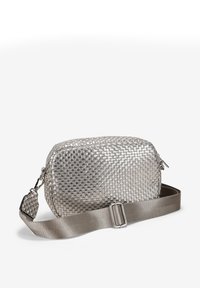Bolso plateado metálico tejido con forma rectangular, con una correa de satén desmontable y un cierre de cremallera. Textura suave con detalles brillantes.
