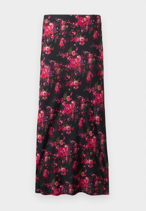Floral midi skirt in black, featuring a vibrant pattern of pink and red flowers. Smooth fabric, A-line shape, with a wide hem.