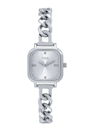 Sølvfarvet Breil Tribe armbåndsur med firkantet urskive, fire sæt timeindikatorer af krystaller og en robust metalarmbånd med kædeled.