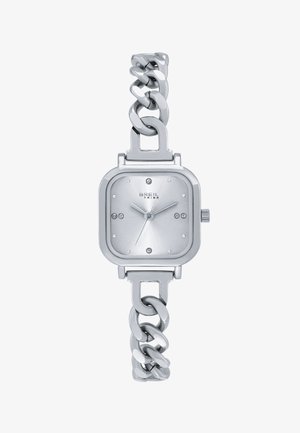 Zilveren Breil Tribe polshorloge met een vierkant uurwerk, vier sets kristallen uurmarkeringen en een robuuste metalen armband met schakelketting.
