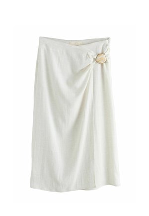 White knee-length skirt with a wrap design secured by a single round beige button on the right side.