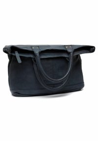 Borsa tote in pelle blu scuro con due manici robusti, una parte superiore pieghevole e dettagli di cucitura visibili, che offre una texture morbida e liscia.