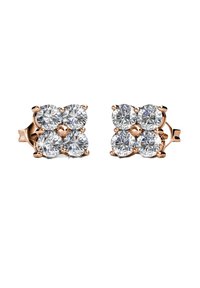 Orecchini a bottone in oro rosa con quattro diamanti tondi chiari disposti in un design a cluster quadrato.