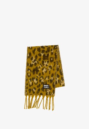 Ruto zlepljena ruta v rumenih odtenkih, iz mehke tkanine, z razpokanimi robovi in črno etiketo z belim besedilom na enem koncu.