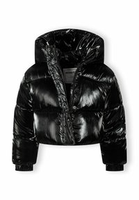 Giacca a vento nera con finitura lucida e trapuntata. Caratterizzata da cappuccio, chiusura con zip e polsini elasticizzati. Design corto e cropped.