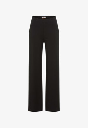 Pantaloni neri a gamba larga con una texture liscia, dotati di vita alta e due dettagli delle cuciture anteriori. Ideali per occasioni formali o casual.