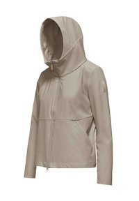 Giacca beige chiaro con cappuccio, zip frontale e tasche laterali. Realizzata in materiale liscio e resistente all'acqua, con un design semplice e lineare.