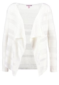 Vitt stickat kardigan med öppen framsida, med horisontella randiga mönster och texturerad tyg. Långa ärmar, inga knäppningar.