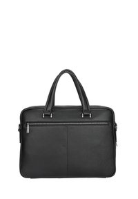 Zwarte leren laptoptas met gestructureerd oppervlak, dubbele handvatten, voorvak met rits en zilverkleurige accenten. Rechthoekige vorm, minimalistisch ontwerp.