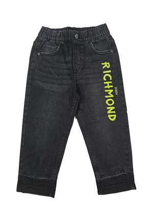 Pantaloni in denim nero con vita elastica, caratterizzati dalla scritta "RICHMOND" in stampa verde brillante sul lato e dettagli di cucitura sottilmente progettati.