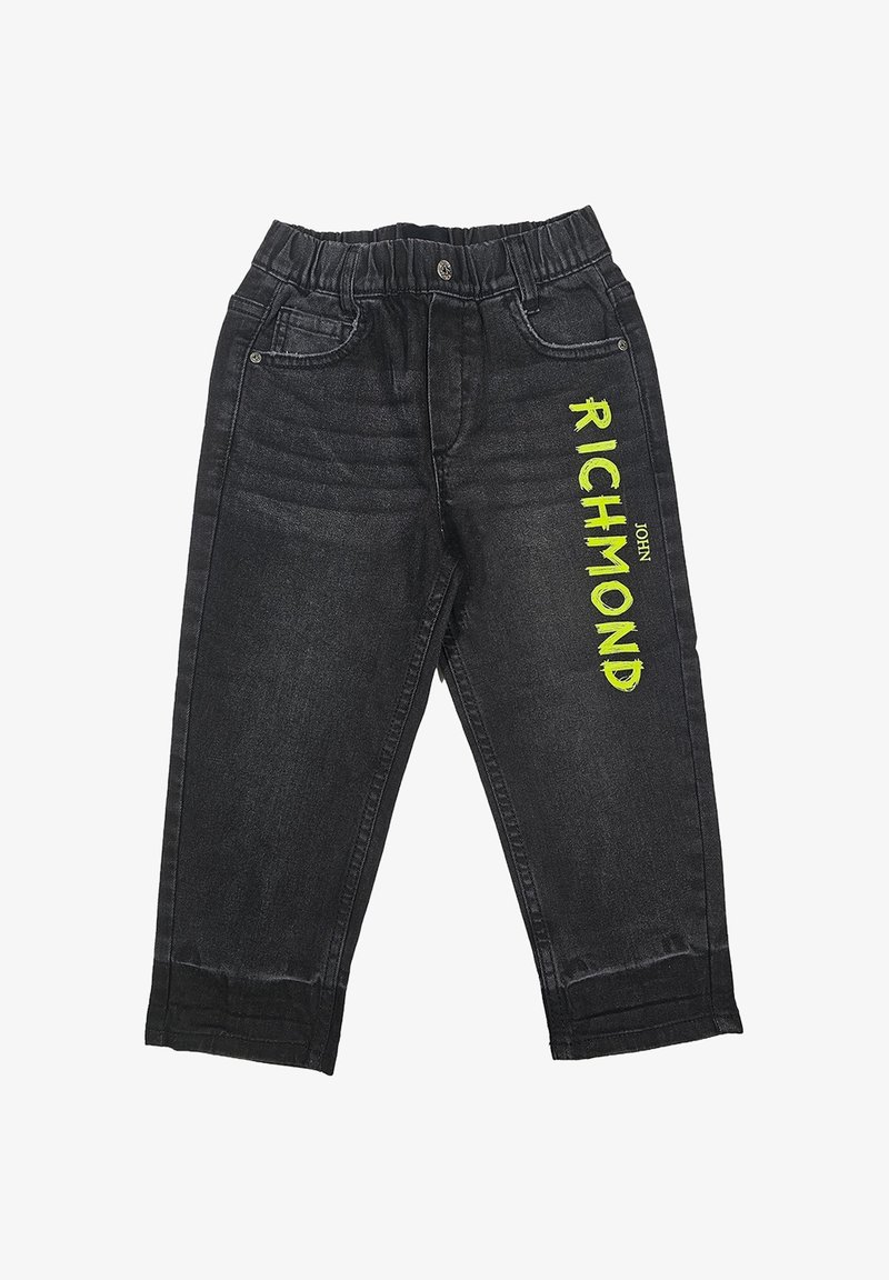 Zwarte denim broek met een elastische tailleband, voorzien van "RICHMOND" in felgroene opdruk aan de zijkant en subtiele ontworpen stikseldetails.
