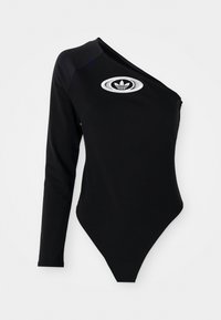 Svart langermet bodysuit med én skulderdesign, ribbestruktur og en hvit Adidas-logo på brystet. Tett passform og minimale detaljer.