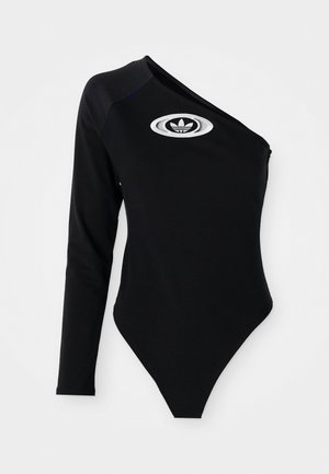 Zwarte lange mouwen bodysuit met one-shoulder ontwerp, geribbelde textuur en een wit Adidas logo op de borst. Strak aansluitende vorm en minimale accenten.