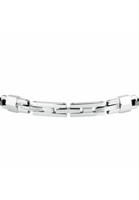 Bracciale in metallo con maglie rettangolari interconnesse, colore argento con finitura lucida e marchio sottile incisa su una maglia.
