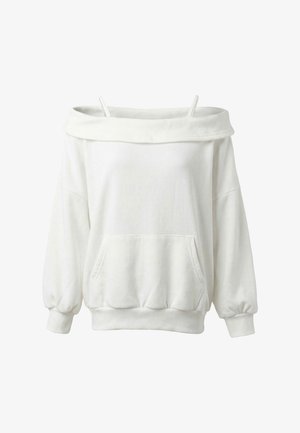 Hvid off-shoulder sweatshirt med tynde skulderstropper, lange puffede ærmer, front kænguru lomme og ribstrikkede manchetter og bund.
