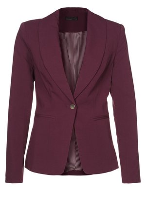 Getailleerde damesblazer in pruim paars met eenknopsluiting, sjaalkraag, paspelzakken aan de voorkant en gestreepte voering.