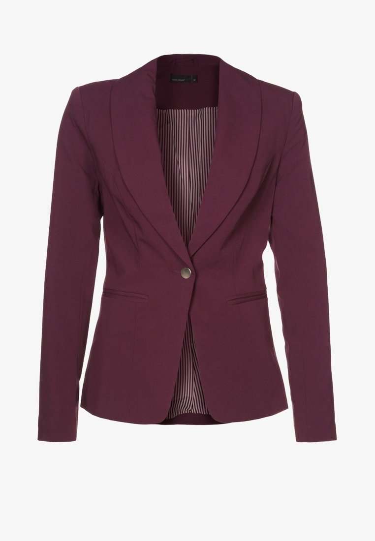 Blazer femme taillé prune violet avec fermeture par un seul bouton, col châle, poches passepoilées devant et doublure intérieure rayée.