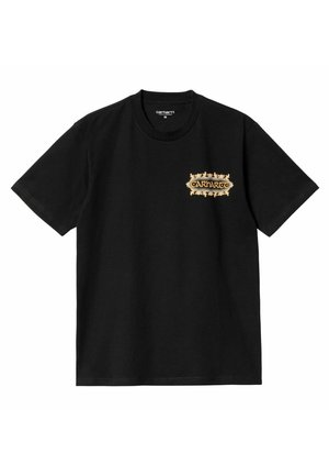 T-shirt noir Carhartt à manches courtes avec un logo doré et un cadre ornemental sur le côté gauche de la poitrine, taille moyenne.