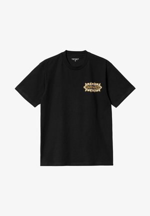 T-shirt noir Carhartt à manches courtes avec un logo doré et un cadre ornemental sur le côté gauche de la poitrine, taille moyenne.