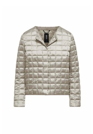 Lichtbeige doorgestikte jas met lange mouwen, ronde halslijn, drukknopsluiting en een gestikt vierkant patroon.