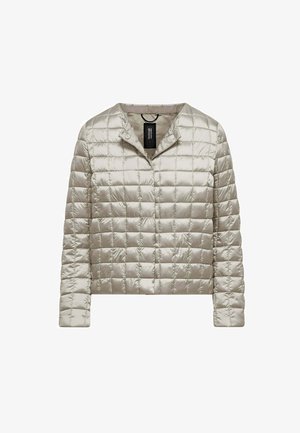 Giacca trapuntata beige chiaro con maniche lunghe, scollo rotondo, chiusura con bottoni a pressione e design a motivo di quadrati cuciti.