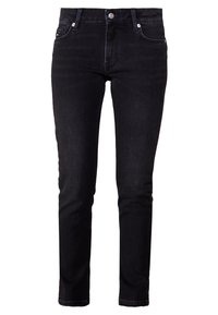 Svarta denimjeans med slim fit, med femficksdesign, metallknappstängning och subtila sömdetaljer.