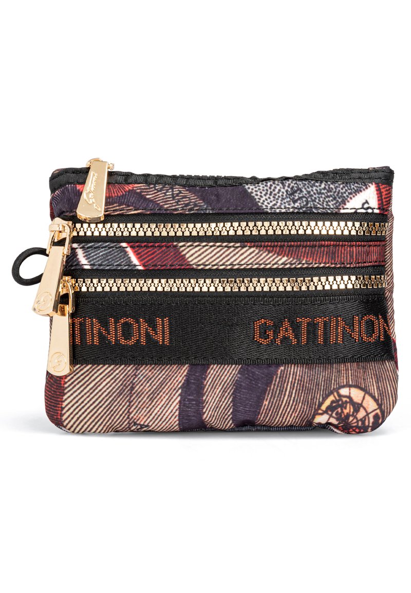 Pochette in tessuto texturizzato in tonalità scure con motivi multicolore, caratterizzata da due zip in tonalità oro e accentuazioni in nero.