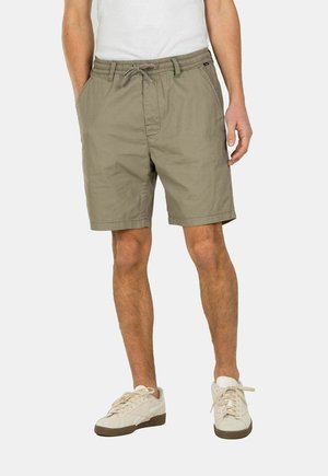 Men's khaki shorts with an elastic waistband and drawstring, two side pockets, and a relaxed fit, made from lightweight cotton material.