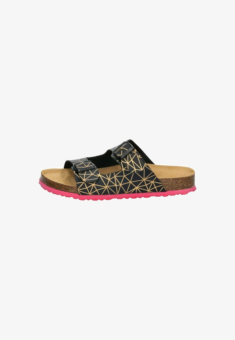 Black slide sandal with a geometric gold pattern, cork midsole, and pink rubber outsole. Features dual adjustable straps for fit.