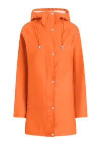 Imperméable orange avec capuche, doté de boutons argentés et de cordons de serrage. Tissu lisse, coupe mi-longue, avec poches latérales.