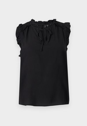 Blusa negra sin mangas con volantes en los hombros y el escote, con una pequeña abertura frontal atada con un lazo.