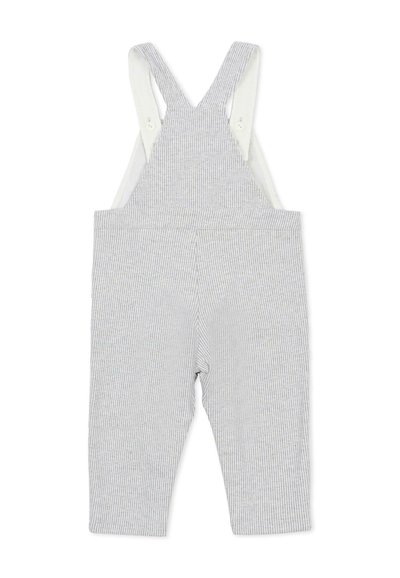 Salopette a righe grigie e bianche con bretelle regolabili, dettagli con bottoni e tessuto morbido e traspirante. Nessuna tasca visibile.