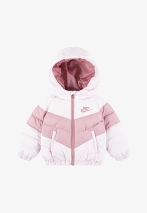 Pink puffer jacket with a hood, featuring a zigzag design in darker pink and light pink. Zipper front closure and two side pockets.