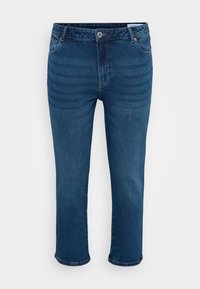 Jeans in denim blu scuro con taglio dritto, caratterizzati da un tradizionale design a cinque tasche, bottone argentato e linee sbiadite delicate.
