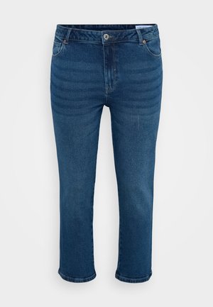 Denim jeans in dark blue with a straight-leg cut, featuring traditional five-pocket design, silver button, and subtle faded lines.