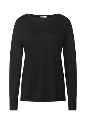 Maglione nero a maniche lunghe con scollatura rotonda, polsini e orlo ribattuti. Tessuto lavorato a maglia morbido con design semplice, senza motivi né accenti.