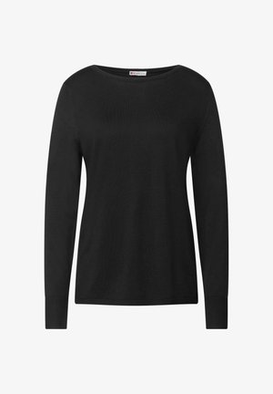 Suéter negro de manga larga con cuello redondo, puños y dobladillo acanalados. Tejido de punto suave con un diseño liso, sin patrones ni acentos.