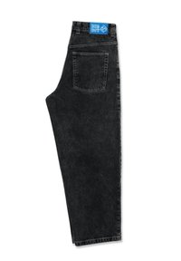 Vaqueros de mezclilla negros con un diseño de pierna recta, con una etiqueta azul en la cintura y un solo bolsillo trasero. Textura suave.