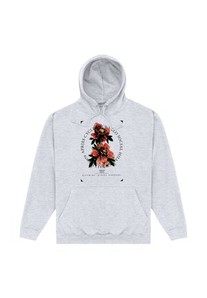 Světlounce šedá mikina s kapucí a přední kapsou, na které je středový motiv červených a oranžových květin obklopený černým textem a názvy měst.