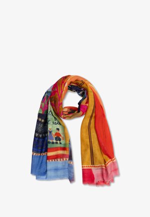 Kleurrijke sjaal met een mengeling van oranje, blauw en rood tinten, met een schilderachtig ontwerp, franjes aan de randen en volkskunstmotieven. Lichtgewicht stof.