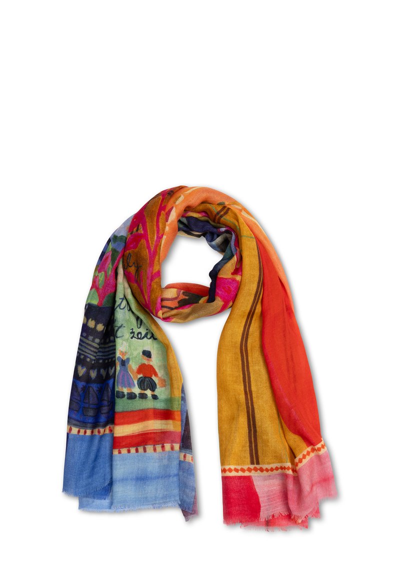 Kleurrijke sjaal met een mengeling van oranje, blauw en rood tinten, met een schilderachtig ontwerp, franjes aan de randen en volkskunstmotieven. Lichtgewicht stof.