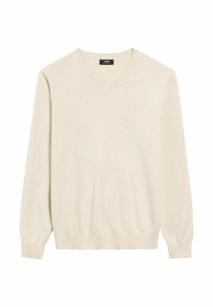 Jasno-beżowy sweter w serek z długimi rękawami, prążkowanym dołem i mankietami. Wykonany z miękkiej, gładkiej tkaniny z małym logo na klatce piersiowej.